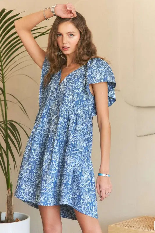 Blue Printed Ruffle Sleeve Mini Dress - Eclectage
