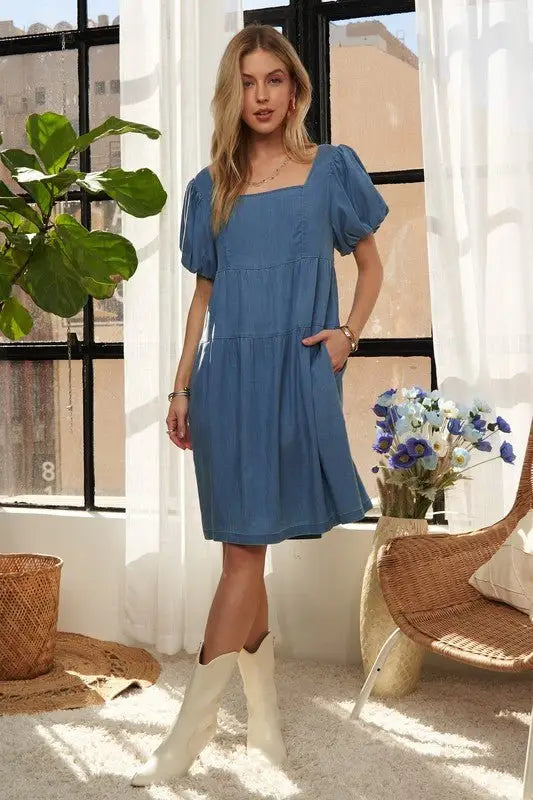 Blue Puff Sleeve Denim Dress -
