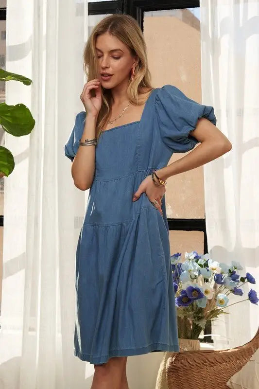 Blue Puff Sleeve Denim Dress -
