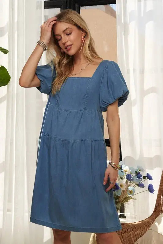 Blue Puff Sleeve Denim Dress -