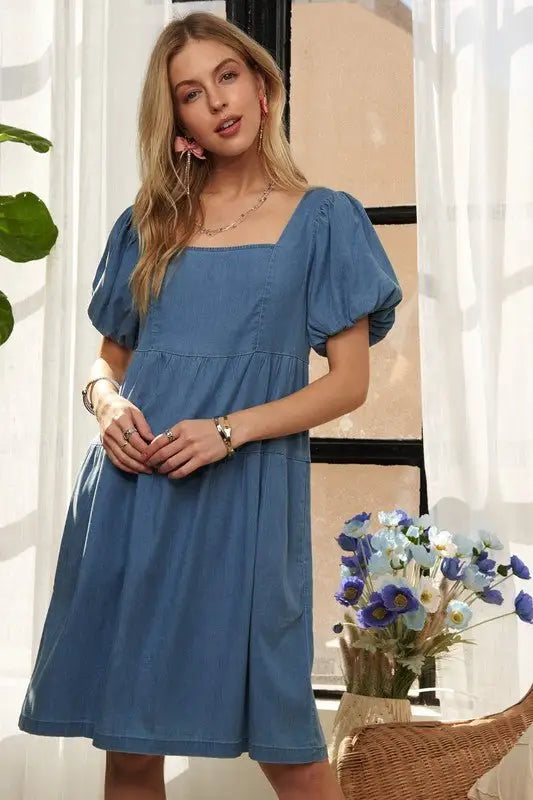 Blue Puff Sleeve Denim Dress -