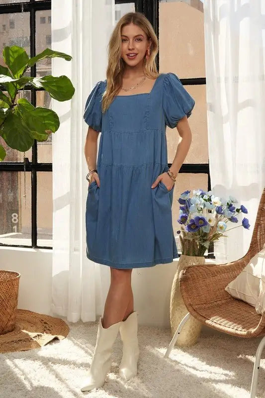 Blue Puff Sleeve Denim Dress -