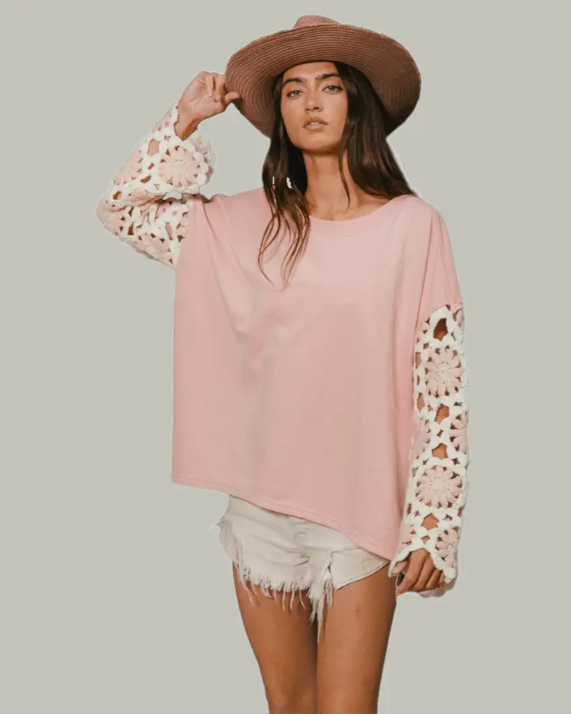 Blush Pink French Terry & Crochet Top - Eclectage