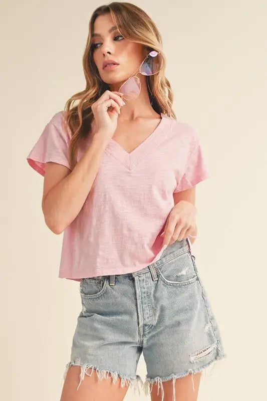 Blush Pink V - Neck Cropped T-Shirt - Tops