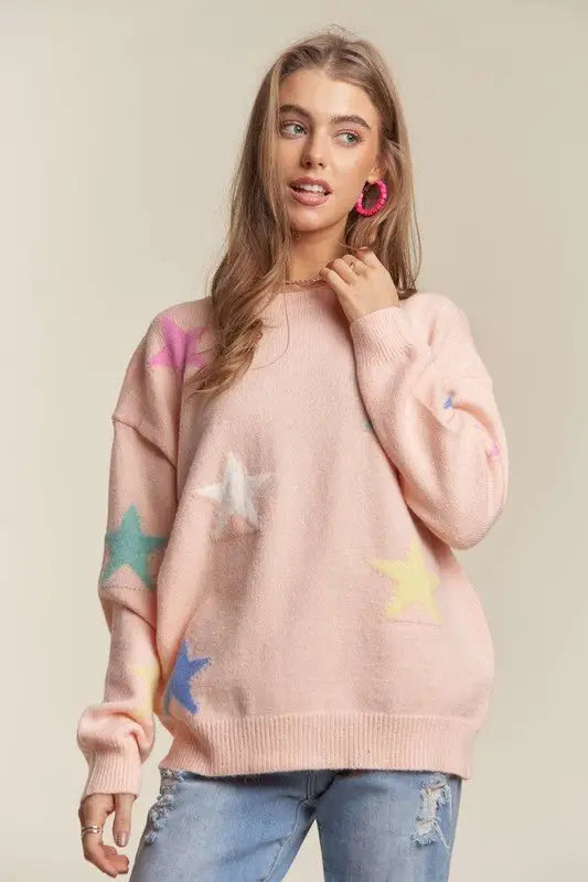 Blush Stars Pattern Drop Shoulder Sweater - Long Sleeve Sweaters