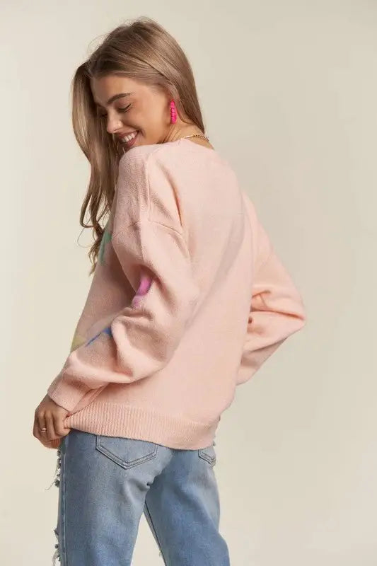 Blush Stars Pattern Drop Shoulder Sweater - Long Sleeve Sweaters