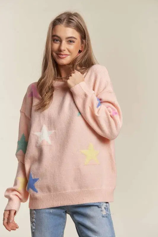 Blush Stars Pattern Drop Shoulder Sweater - Long Sleeve Sweaters