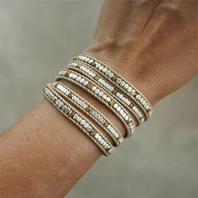 Bohemian Brass Bead Wrap Bracelet Antique Silver Plated / United States