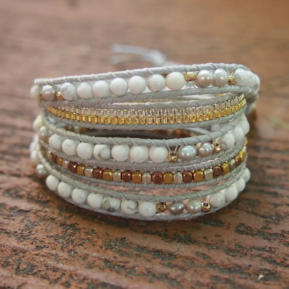 Boho White Howlite Mix Wrap Bracelet with Gray Cord United States