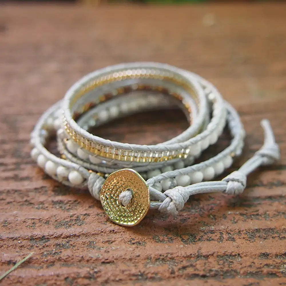 Boho White Howlite Mix Wrap Bracelet with Gray Cord United States