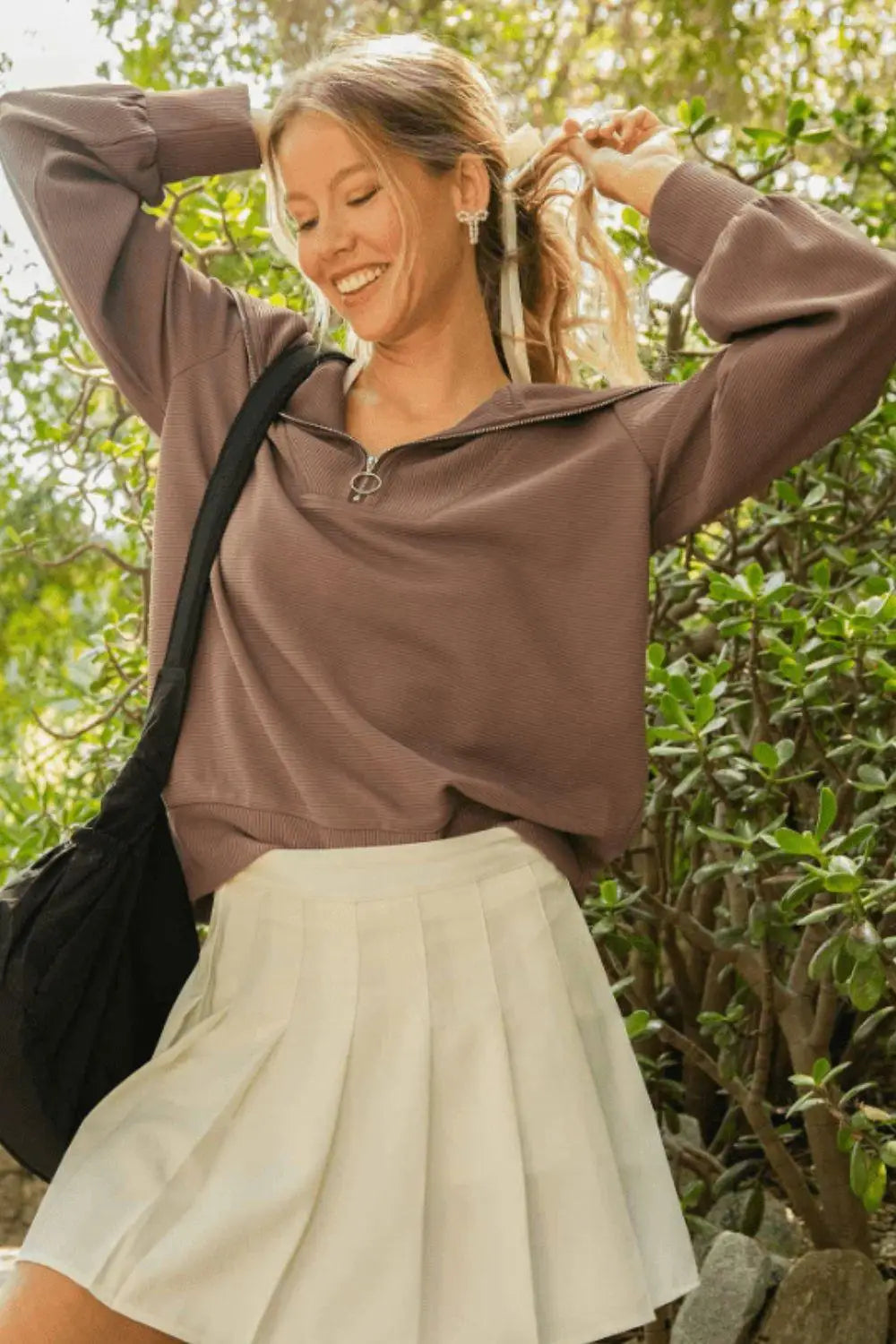 Brown Ribbed Knit Sweatshirt - Sweatshirts