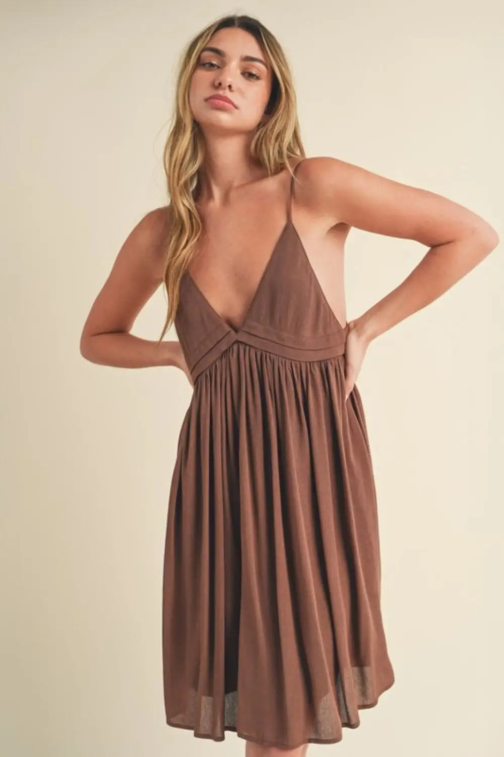 Brown Ruched Plunge Mini Cami Dress - Mini Dresses