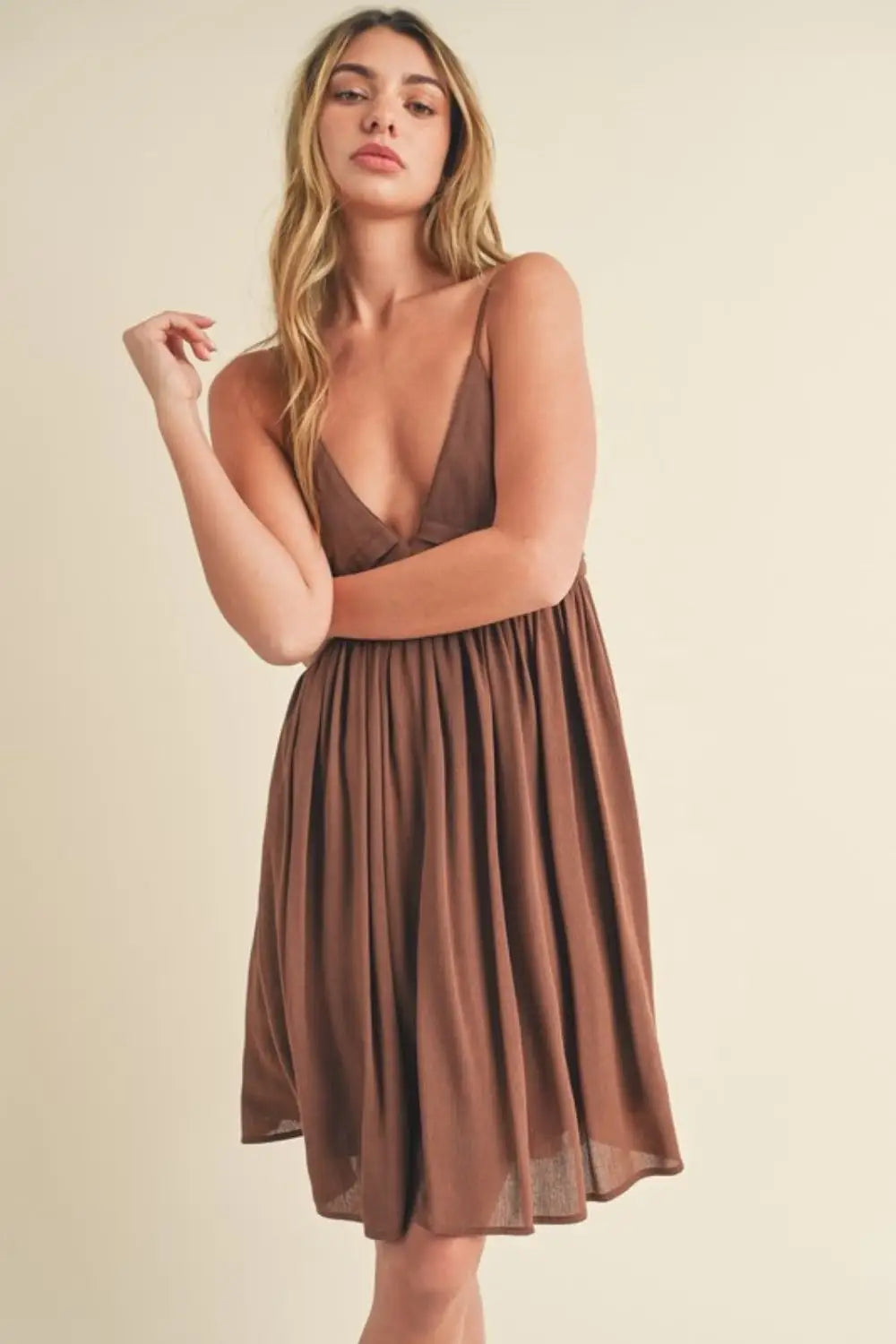 Brown Ruched Plunge Mini Cami Dress - Mini Dresses