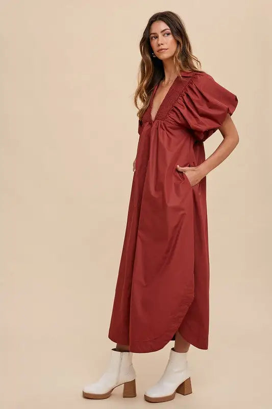 Burgundy Puff Sleeve Midi Dress - Eclectage