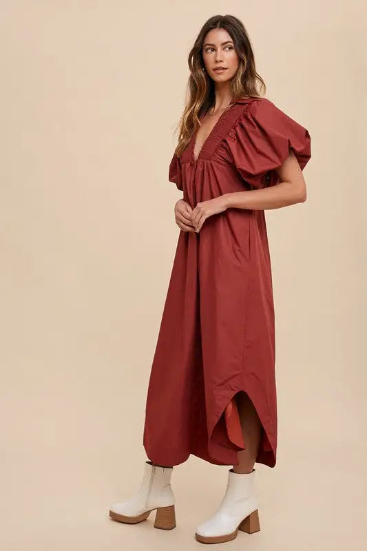 Burgundy Puff Sleeve Midi Dress - Eclectage