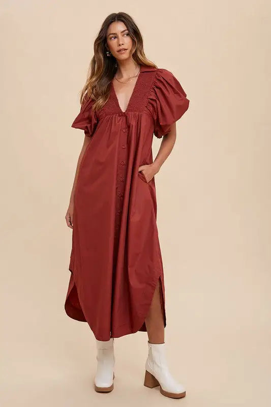 Burgundy Puff Sleeve Midi Dress - Eclectage
