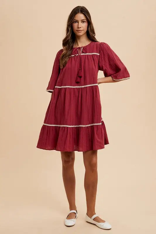 Burgundy Tassel Tie Neck Tiered Dress - Eclectage
