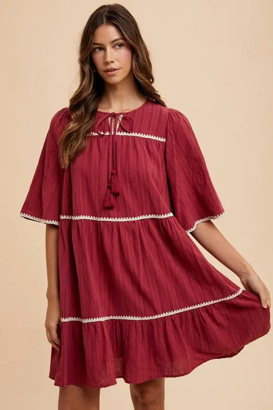 Burgundy Tassel Tie Neck Tiered Dress - Eclectage