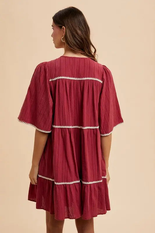 Burgundy Tassel Tie Neck Tiered Dress - Eclectage