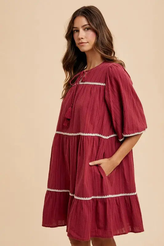 Burgundy Tassel Tie Neck Tiered Dress - Eclectage