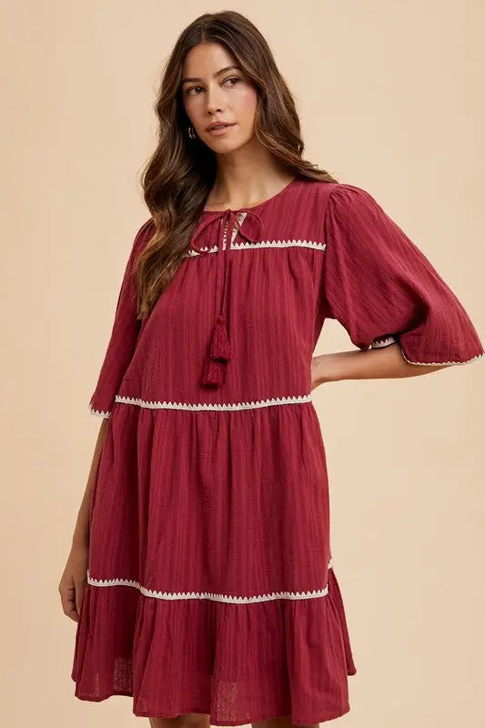 Burgundy Tassel Tie Neck Tiered Dress - Eclectage
