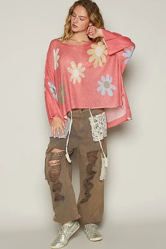 POL Flower Dropped Shoulder Long Sleeve Knit Top - Eclectage
