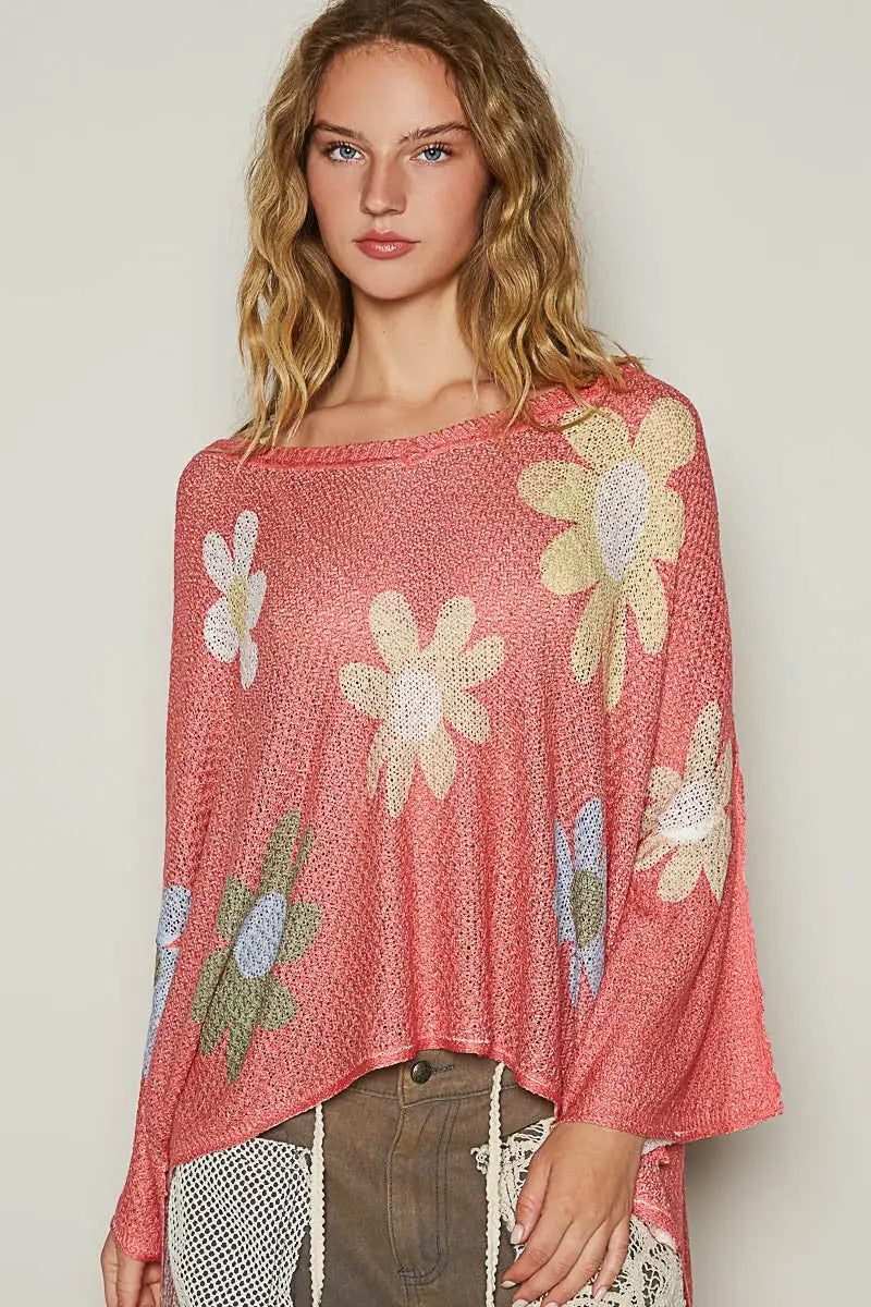 POL Flower Dropped Shoulder Long Sleeve Knit Top - Eclectage