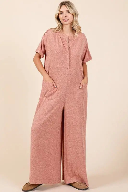 Button Detail Short Sleeve Jumpsuit - Jumpsuits