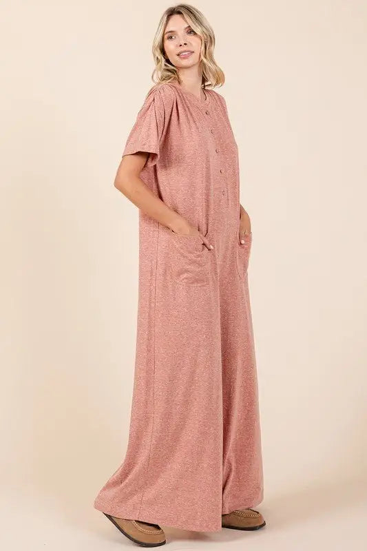 Button Detail Short Sleeve Jumpsuit - Jumpsuits