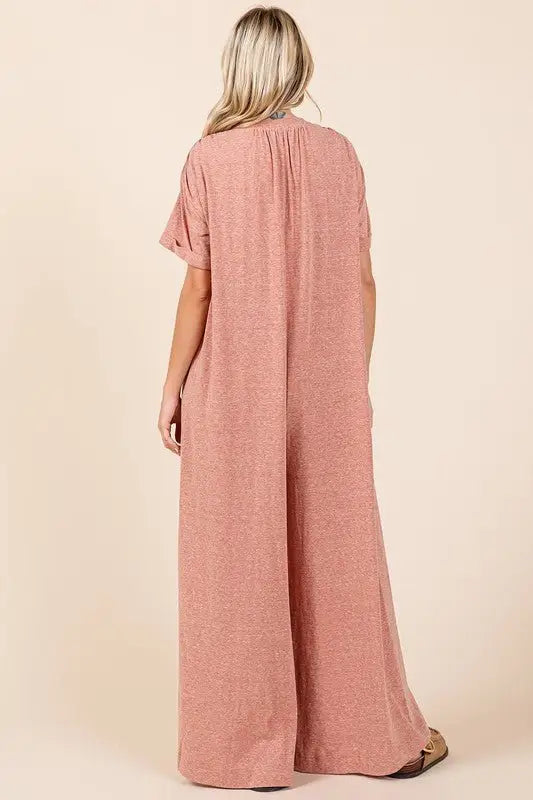 Button Detail Short Sleeve Jumpsuit - Jumpsuits