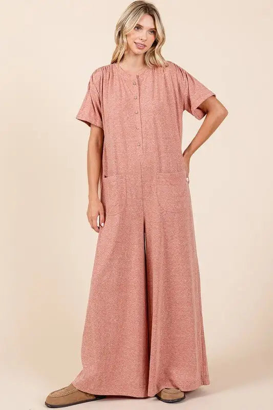 Button Detail Short Sleeve Jumpsuit - Jumpsuits