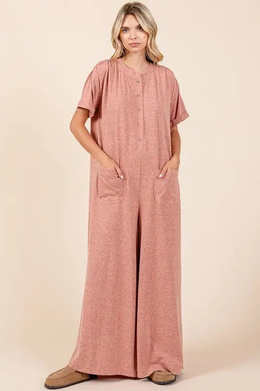 Button Detail Short Sleeve Jumpsuit - Jumpsuits