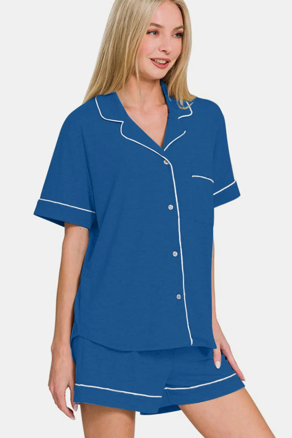 Button Down Short Sleeve Top and Shorts Lounge Set - Eclectage