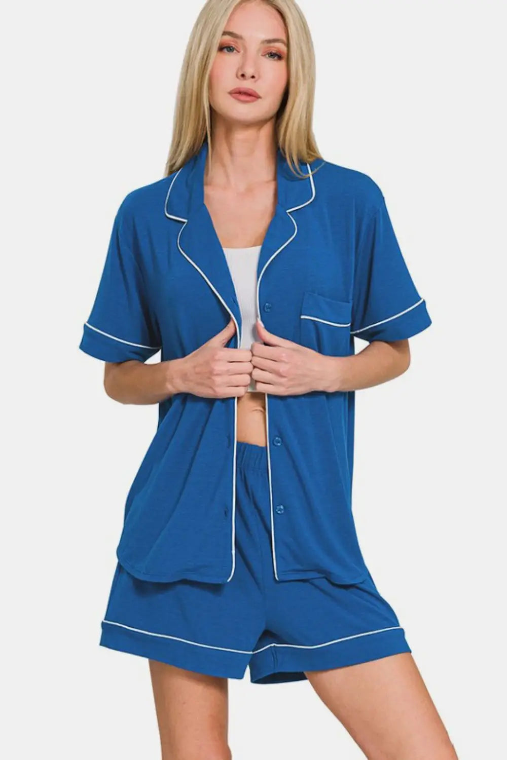 Button Down Short Sleeve Top and Shorts Lounge Set - Eclectage