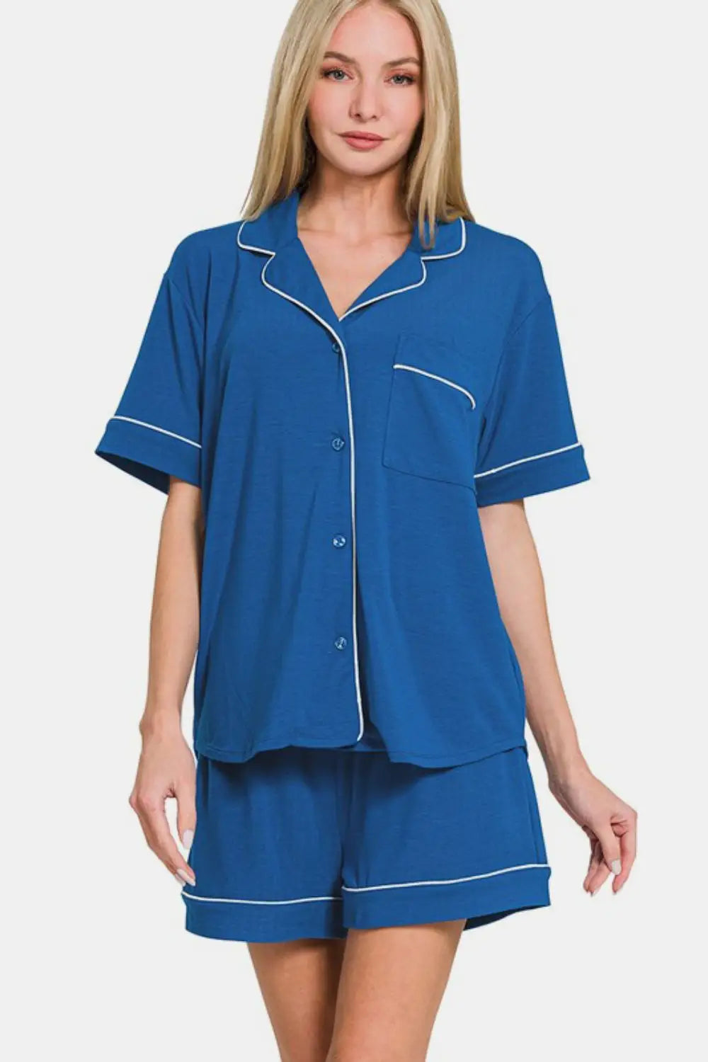 Button Down Short Sleeve Top and Shorts Lounge Set - Eclectage