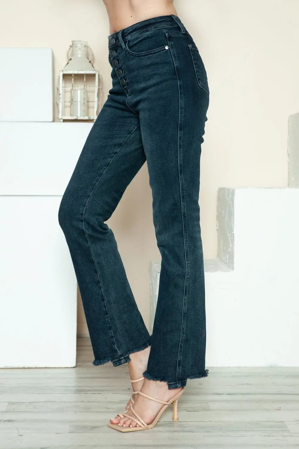 Button Fly Hem Destroy Straight Jeans - Straight Jeans