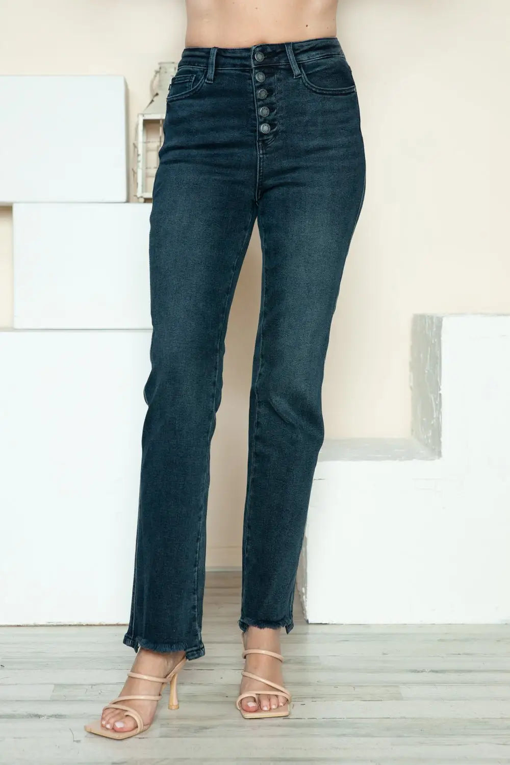 Button Fly Hem Destroy Straight Jeans - Straight Jeans