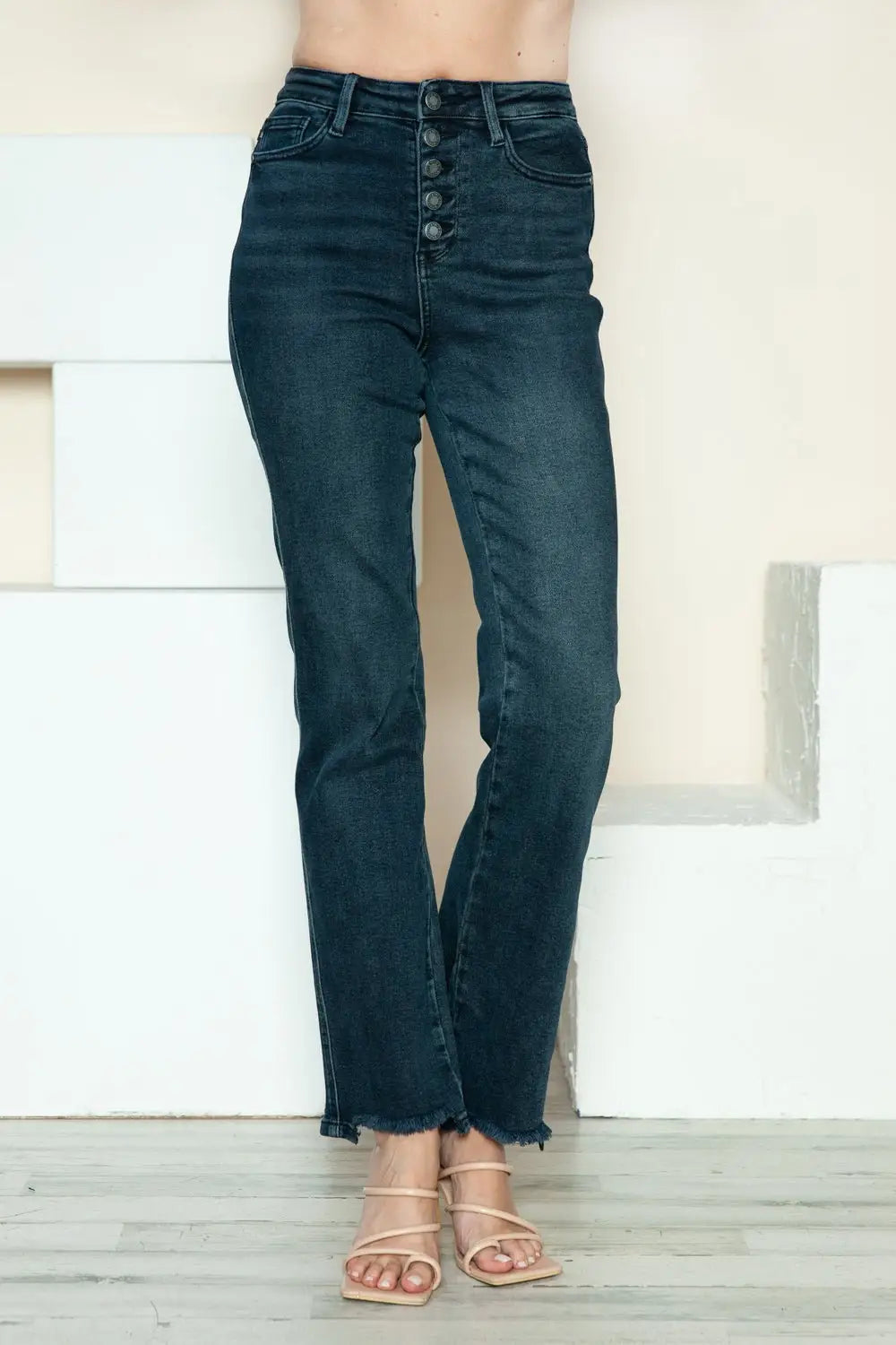 Button Fly Hem Destroy Straight Jeans - Straight Jeans
