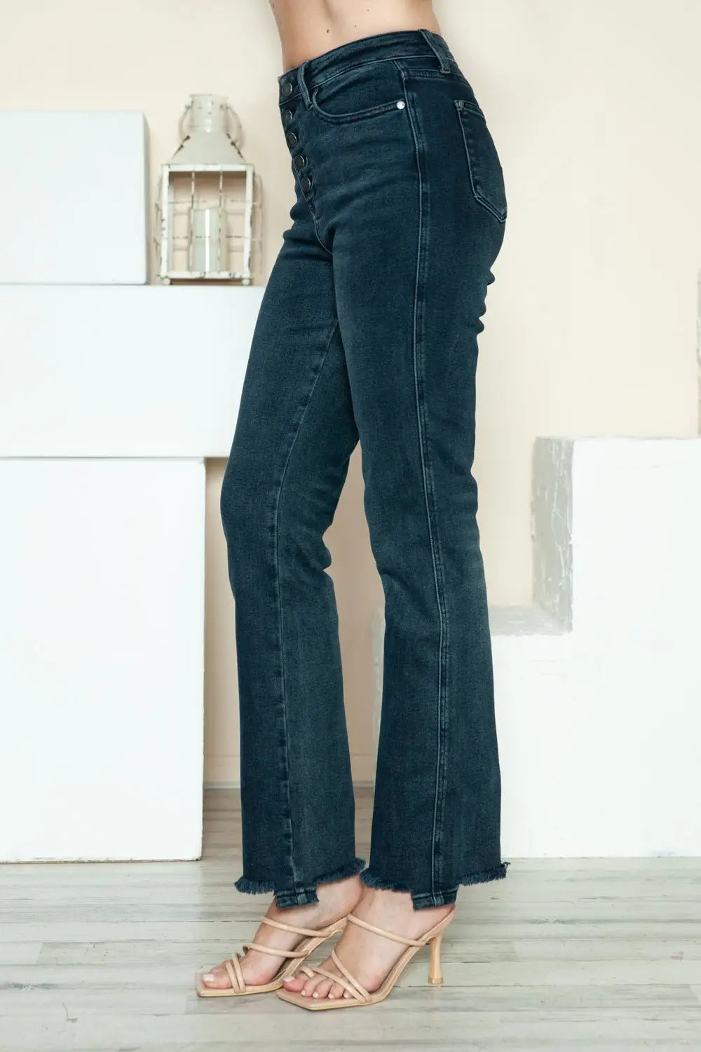 Button Fly Hem Destroy Straight Jeans - Straight Jeans