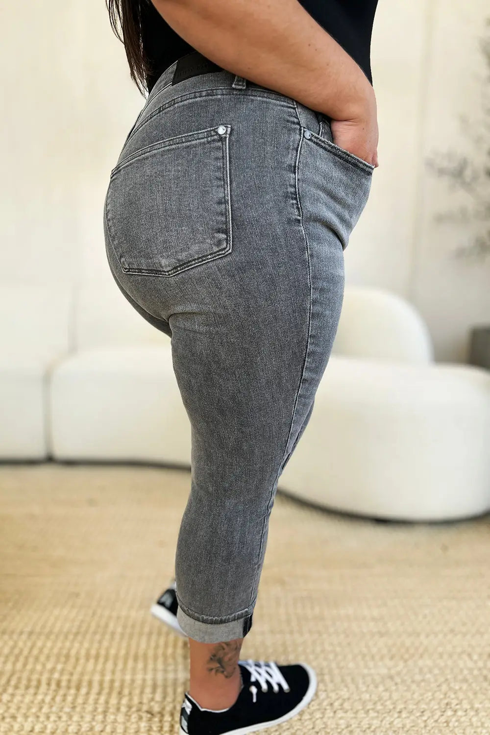 Button Fly High Waist Cuffed Capris - Eclectage