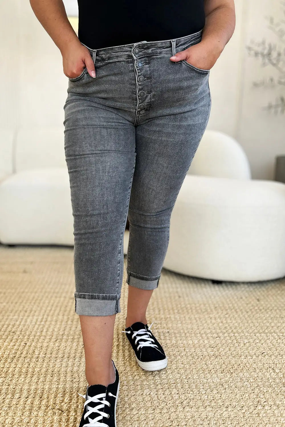 Button Fly High Waist Cuffed Capris - Eclectage