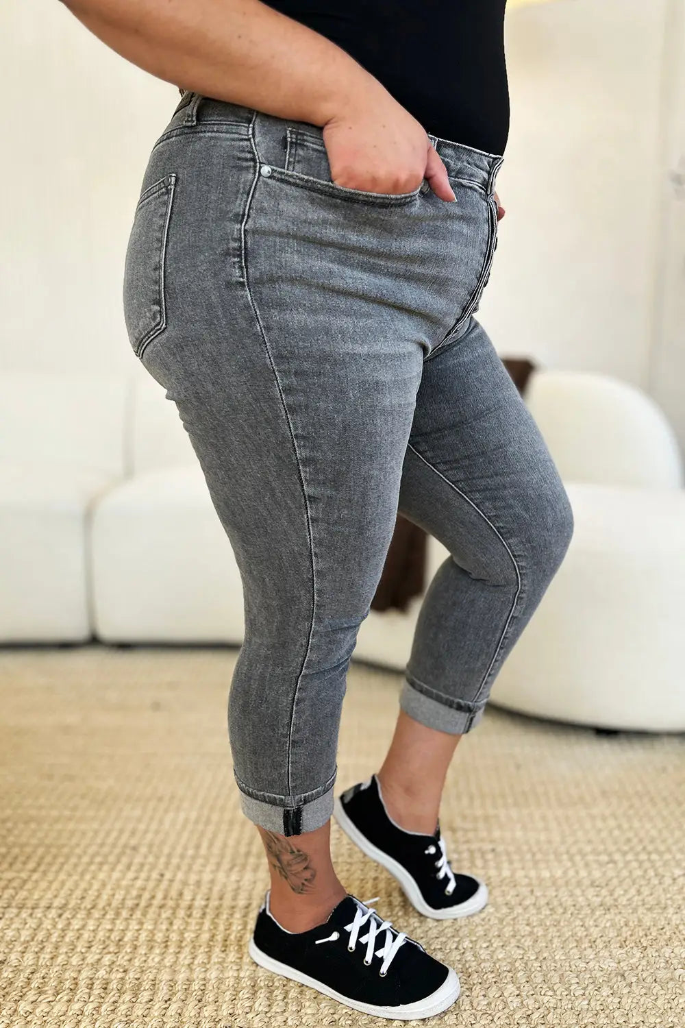 Button Fly High Waist Cuffed Capris - Eclectage