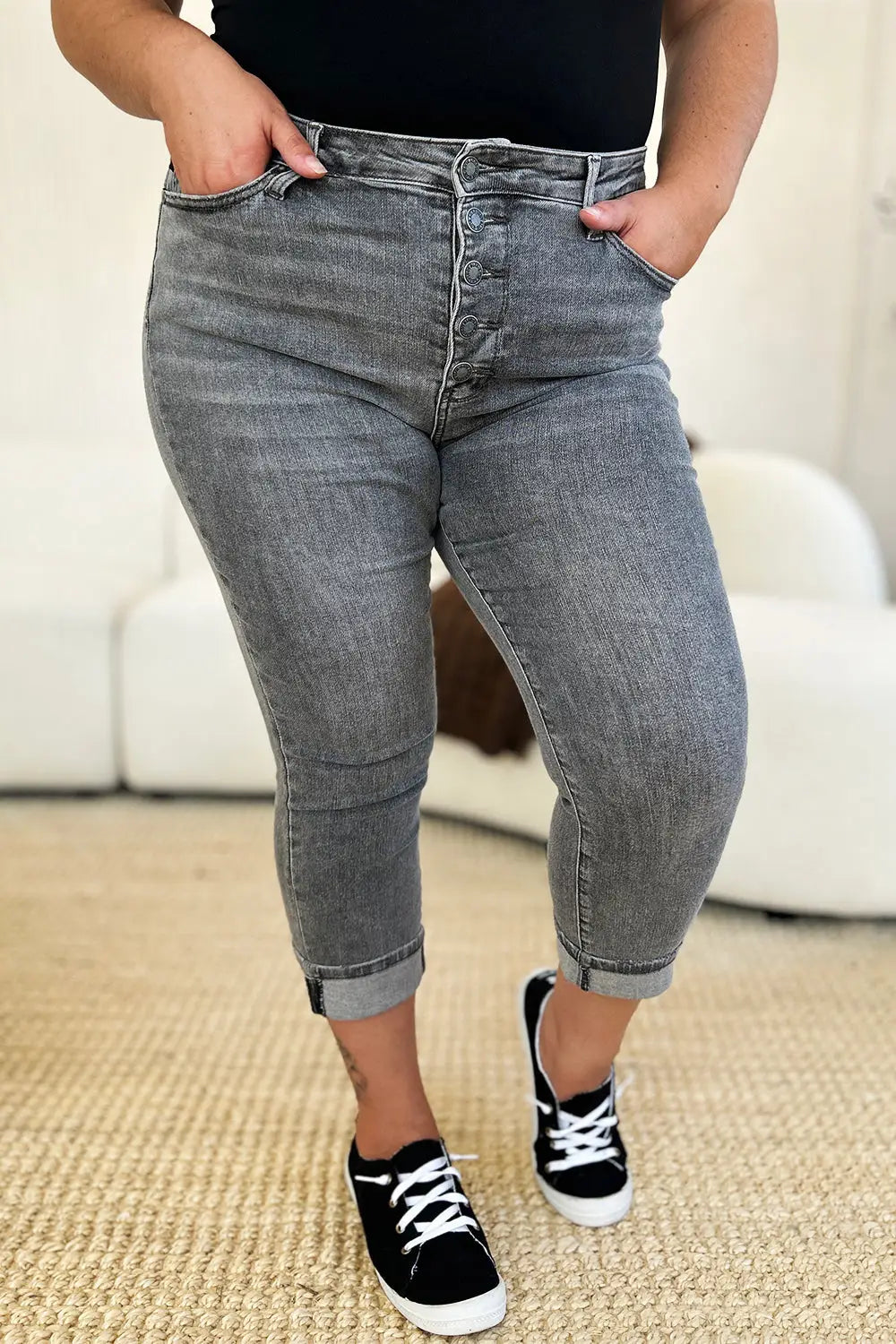 Button Fly High Waist Cuffed Capris - Eclectage