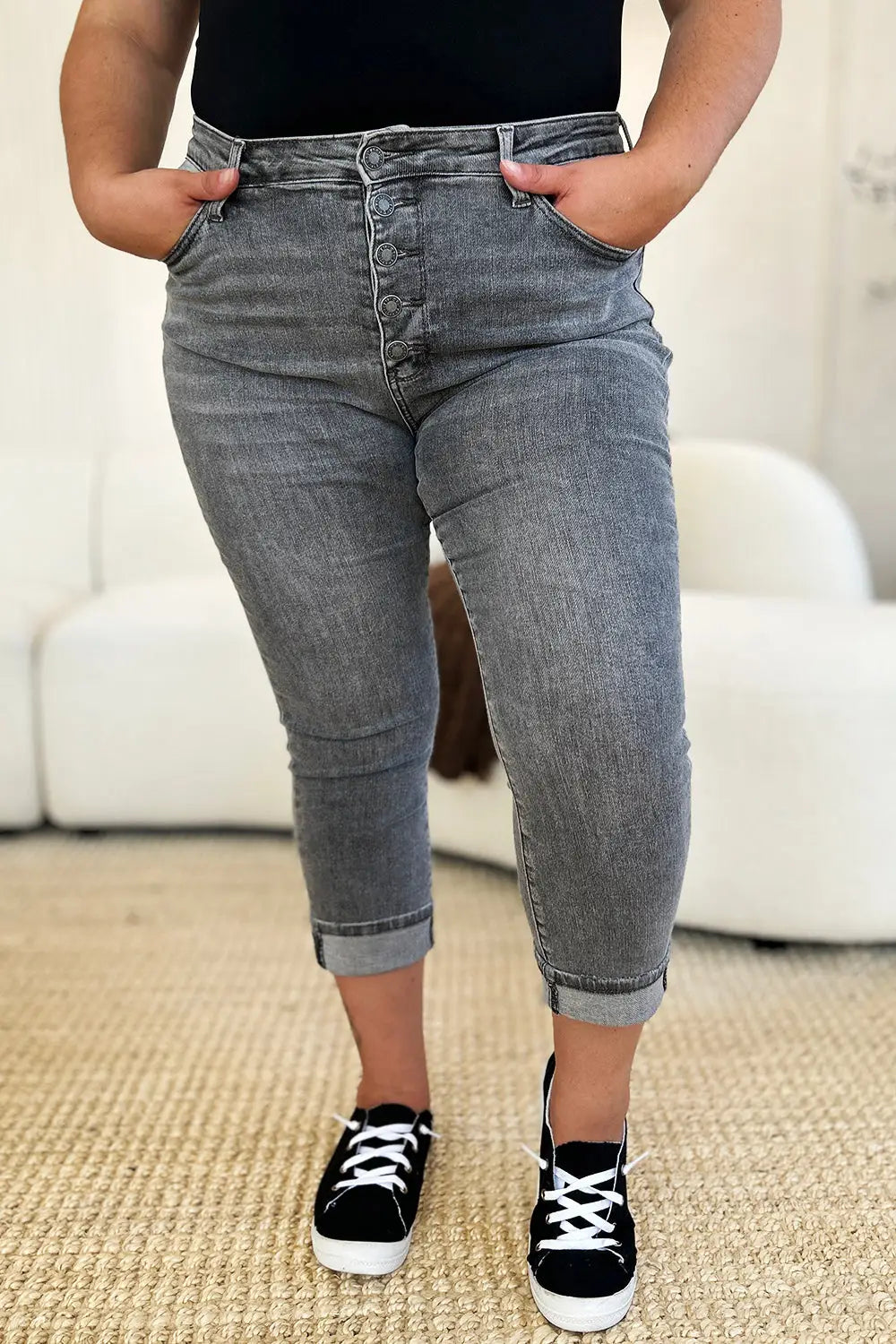 Button Fly High Waist Cuffed Capris - Eclectage