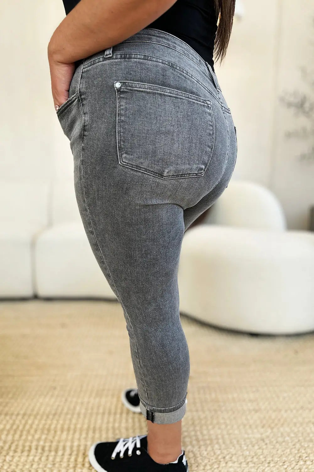 Button Fly High Waist Cuffed Capris - Eclectage