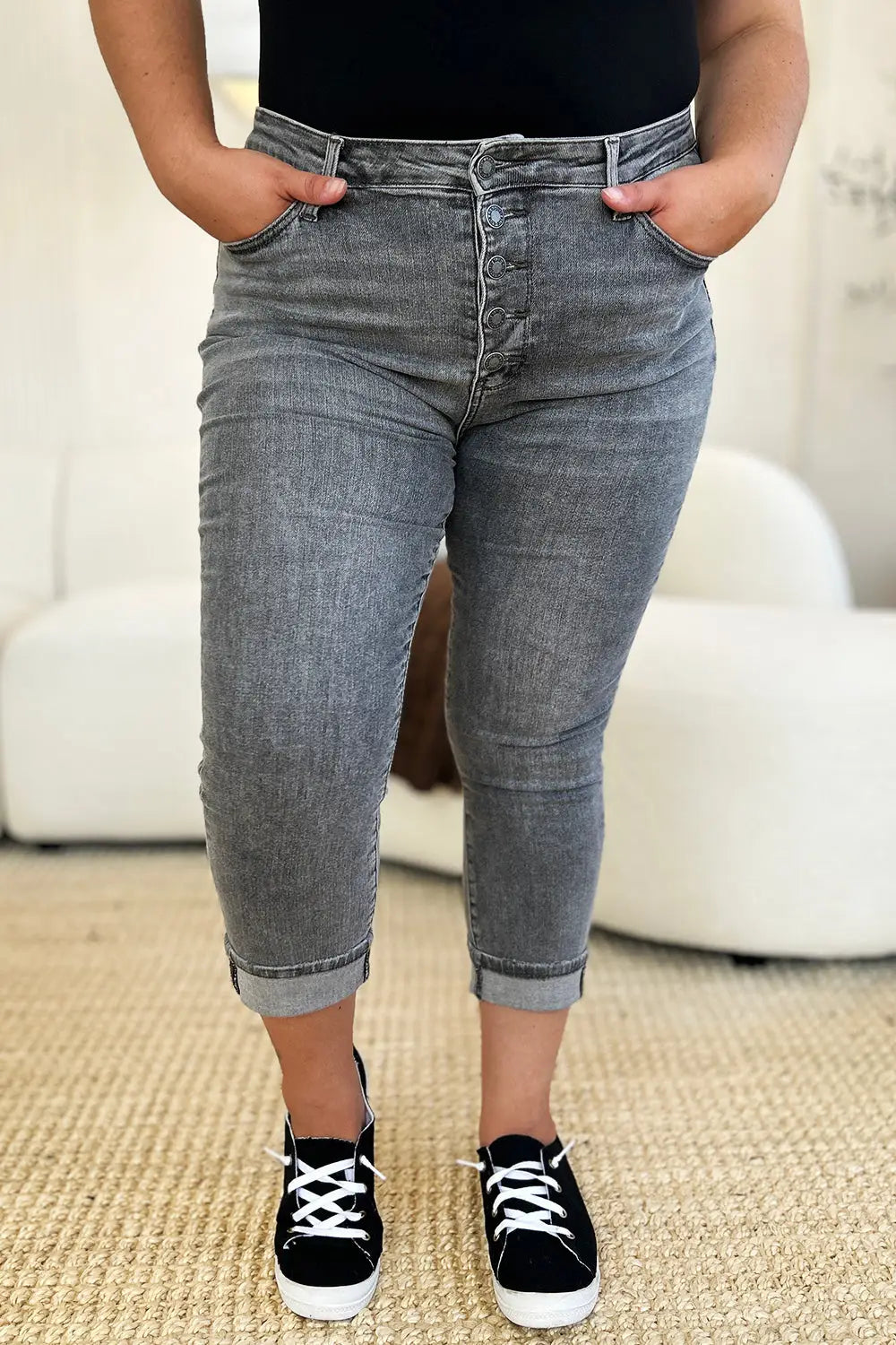 Button Fly High Waist Cuffed Capris - Eclectage