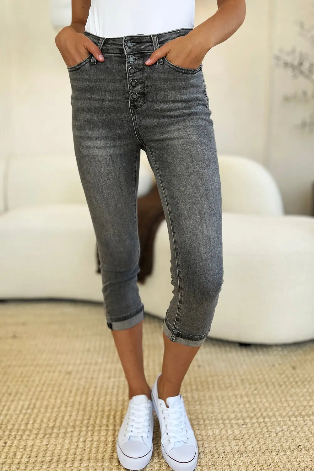 Button Fly High Waist Cuffed Capris - Eclectage
