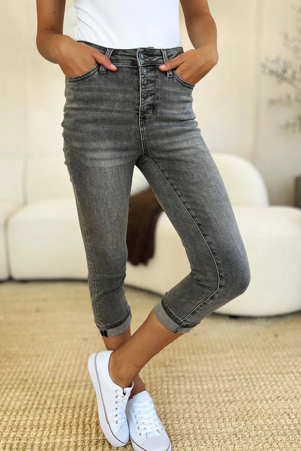 Button Fly High Waist Cuffed Capris - Eclectage