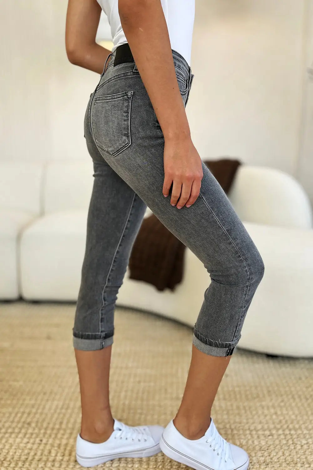 Button Fly High Waist Cuffed Capris - Eclectage