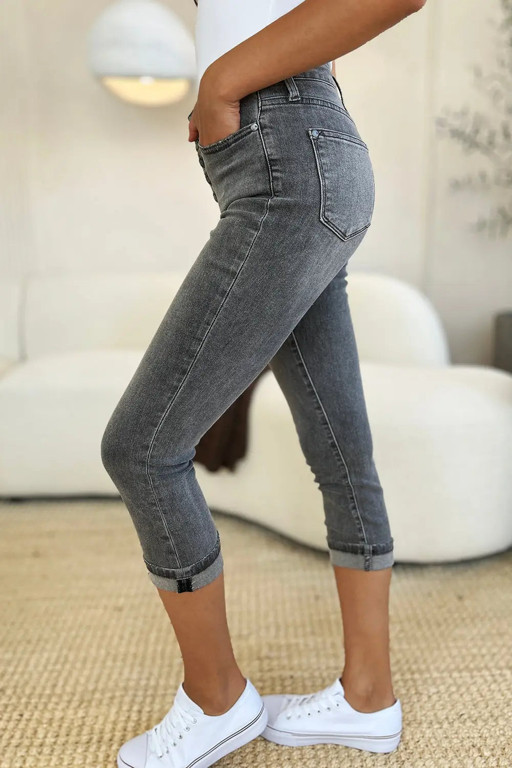 Button Fly High Waist Cuffed Capris - Eclectage